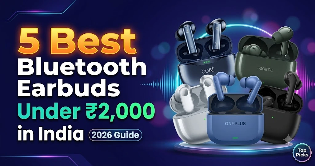 A dynamic, vibrant 1200x628 pixel blog and review header banner on a dark-themed technology background featuring budget-friendly wireless earbuds.
