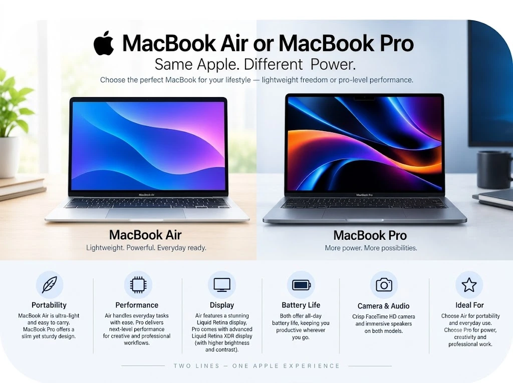 Comparison infographic with rounded corners displaying the MacBook Air and MacBook Pro side by side over key specifications including portability, performance, display, battery life, camera & audio, and ideal use cases.