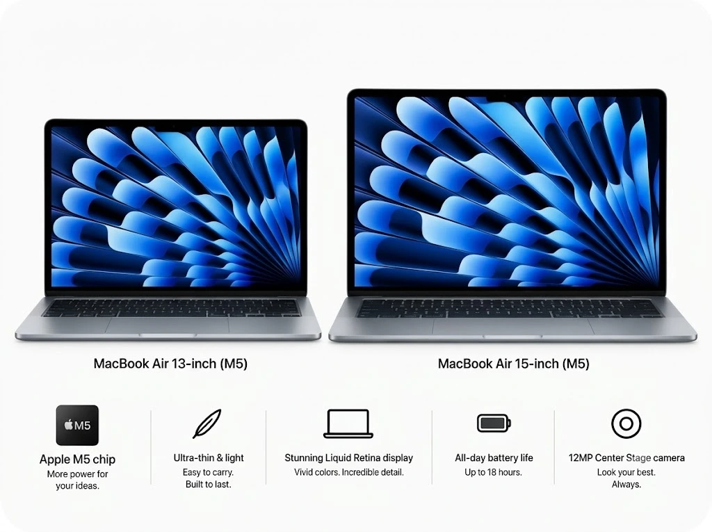 Apple MacBook Air 13-inch and 15-inch (M5) laptops featuring sleek silver designs, vibrant blue displays, lightweight builds, and key features including the M5 chip, Liquid Retina display, long battery life, and 12MP Center Stage camera.