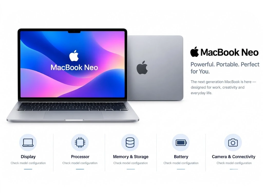 Promotional graphic for the Apple MacBook Neo showing front and back views of the laptop alongside key feature categories: Display, Processor, Memory & Storage, Battery, and Camera & Connectivity.