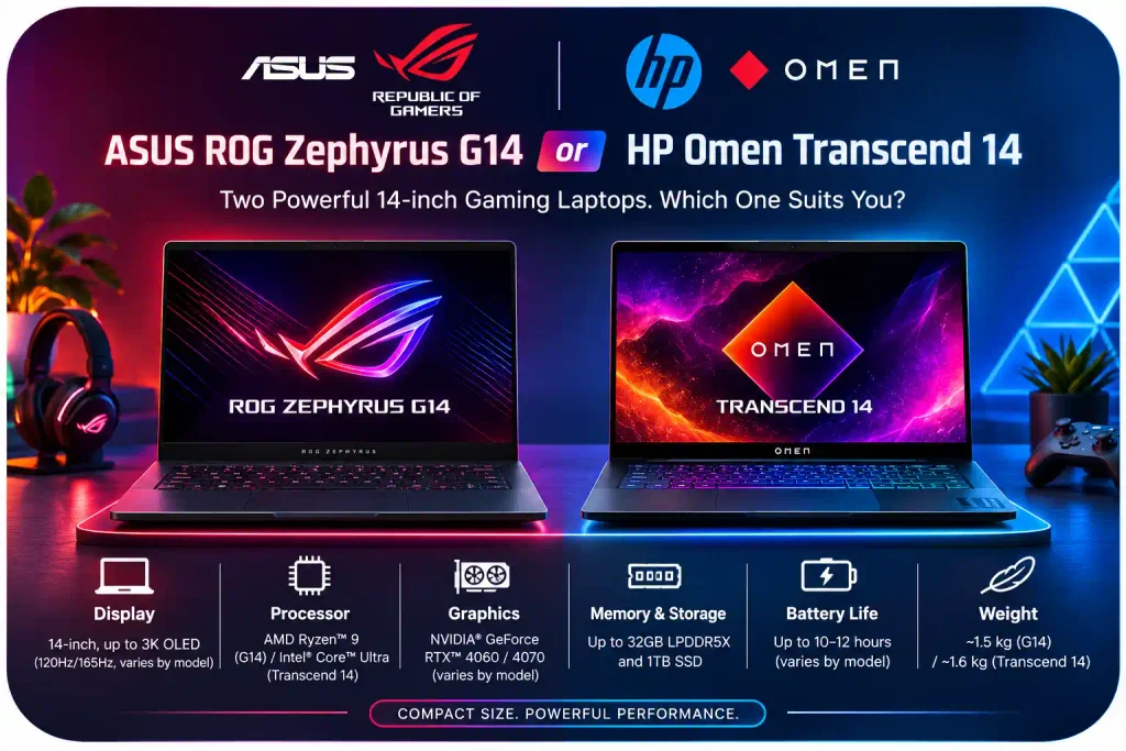 Product comparison graphic for the ASUS ROG Zephyrus G14 and HP Omen Transcend 14 gaming laptops, highlighting specifications for display, processor, graphics, memory and storage, battery life, and weight.