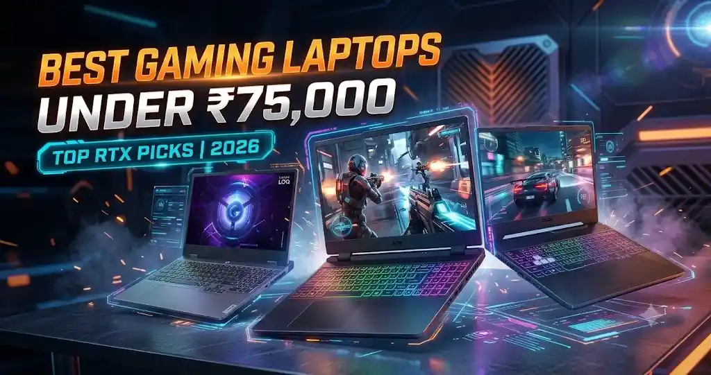 A group of three modern gaming laptops displayed on a futuristic table, with the headline "BEST GAMING LAPTOPS UNDER ₹75,000" and "TOP RTX PICKS | 2026".