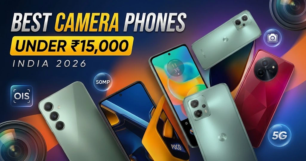 A dynamic group shot of the best camera smartphones under ₹15,000 in India for 2026—including models from Samsung, POCO, Motorola, and Realme—against a dark, glowing background with text reading "BEST CAMERA PHONES UNDER ₹15,000 INDIA 2026".