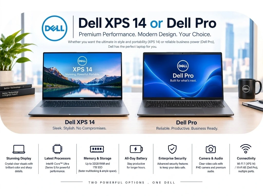 Promotional comparison graphic with rounded corners showing three Dell laptop lines—XPS, Pro, and Pro Max—alongside key specifications for display, processors, memory, battery, build quality, and connectivity.