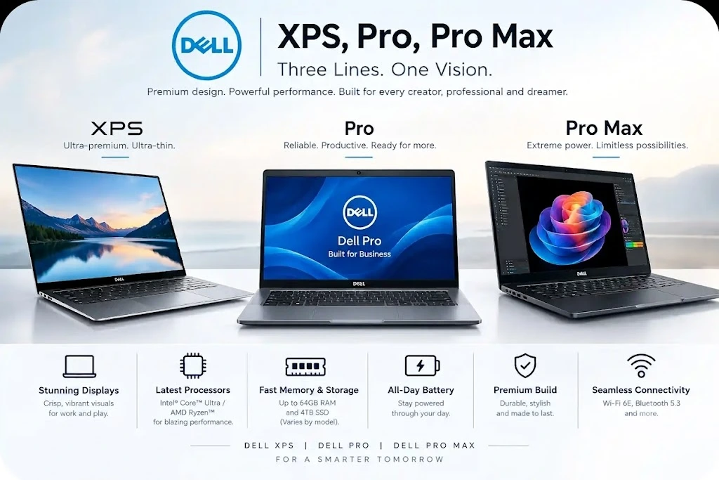 Promotional graphic showcasing three Dell laptop lines—XPS, Pro, and Pro Max—with key hardware feature highlights below.