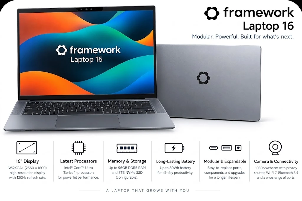 Promotional graphic for the Framework Laptop 16 showing open and closed views of the modular laptop alongside key specifications: 16-inch display, Intel Core Ultra processors, memory & storage, 85Wh battery, modular expansion, and camera & connectivity.