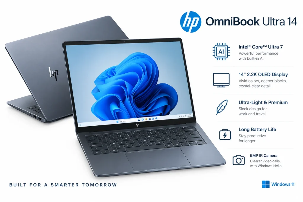 HP OmniBook Ultra 14 laptop in a premium slate-gray design, featuring a 14-inch display, slim bezels, AI-powered Intel Core Ultra processor, backlit keyboard, large touchpad, and Windows 11 interface.
