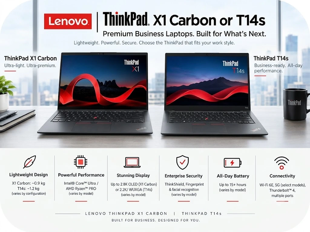 Promotional comparison graphic with rounded corners showing the Lenovo ThinkPad X1 Carbon and ThinkPad T14s laptops side by side, highlighting design, performance, display, security, battery, and connectivity specifications.