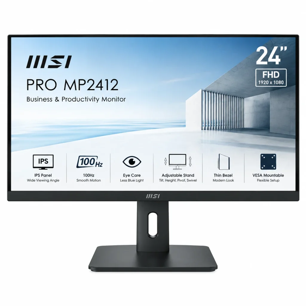 MSI PRO MP2412 24-inch Full HD monitor with a slim-bezel design, black stand, 100Hz refresh rate, IPS panel, eye-care features, and VESA mounting support on a white background.