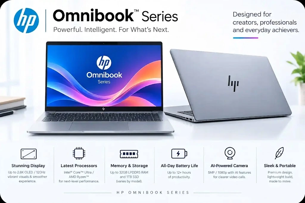 Promotional graphic for the HP Omnibook Series showing open and closed views of the laptop alongside six feature highlights: display, processors, memory and storage, battery life, AI-powered camera, and portable design.