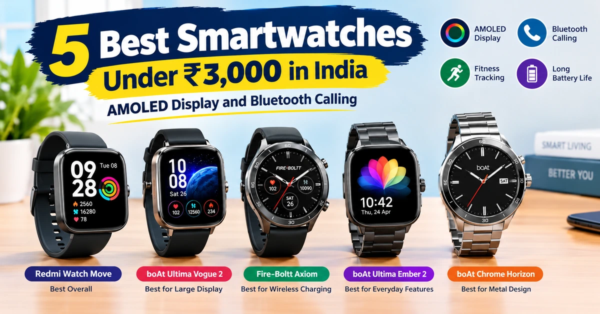 5 best smartwatches under ₹3,000 in India featuring AMOLED displays, Bluetooth calling, fitness tracking, and stylish designs from Redmi, boAt, and Fire-Boltt.
