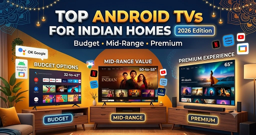 A featured banner titled "Top Android TVs for Indian Homes (2026 Edition)" showcasing three smart TVs representing budget, mid-range, and premium tiers in a warm Indian living room setting.