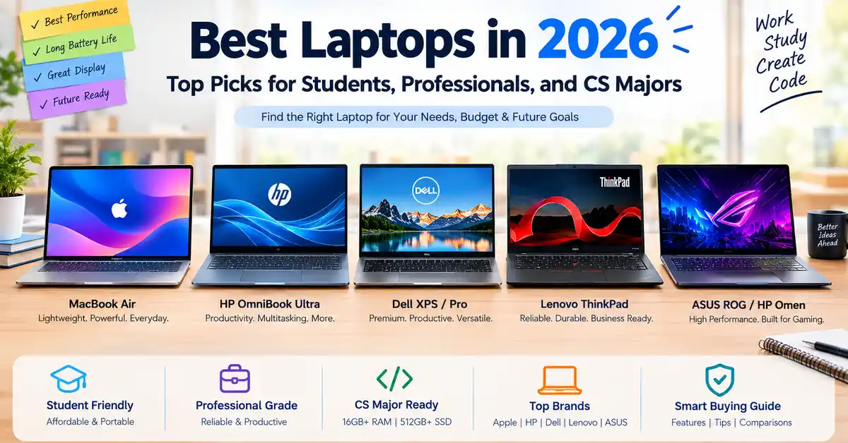 Best laptops in 2026 for students, professionals, and computer science majors, including Apple MacBook Air, HP OmniBook Ultra, Dell XPS, Lenovo ThinkPad, and ASUS ROG.