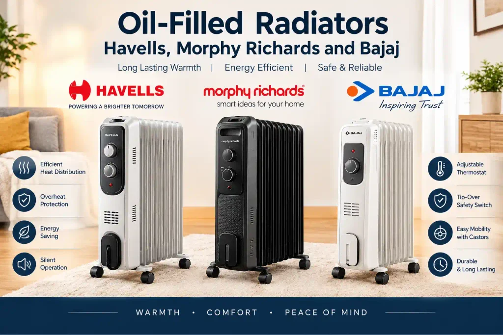 Oil-filled radiator room heaters from Havells, Morphy Richards, and Bajaj for winter use