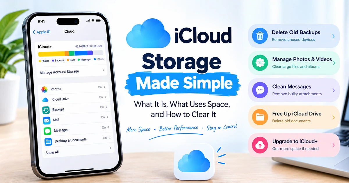 iCloud storage guide showing how to free up space by deleting old backups, managing photos and videos, cleaning messages, and removing unnecessary iCloud Drive files.