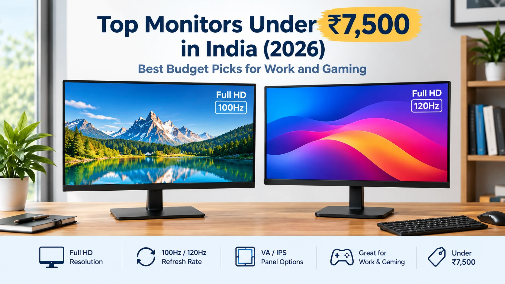 Two unbranded monitors displaying Full HD visuals with 100Hz and 120Hz refresh rates, featured in a guide to the best monitors under ₹7,500 in India for 2026.